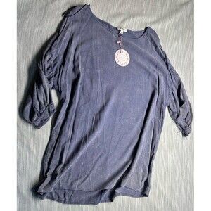 Umgee Tunic  Sz S LinenBlend 3/4 Sleeve With Frayed Hem Ruffle Mineral Wash Blue